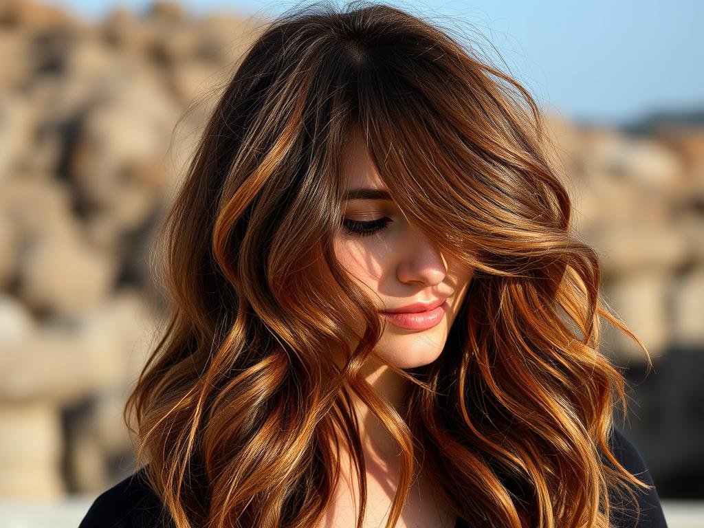 Woman with dark cowboy copper hair styled in loose beach waves Woman with dark cowboy copper hair styled in loose beach waves