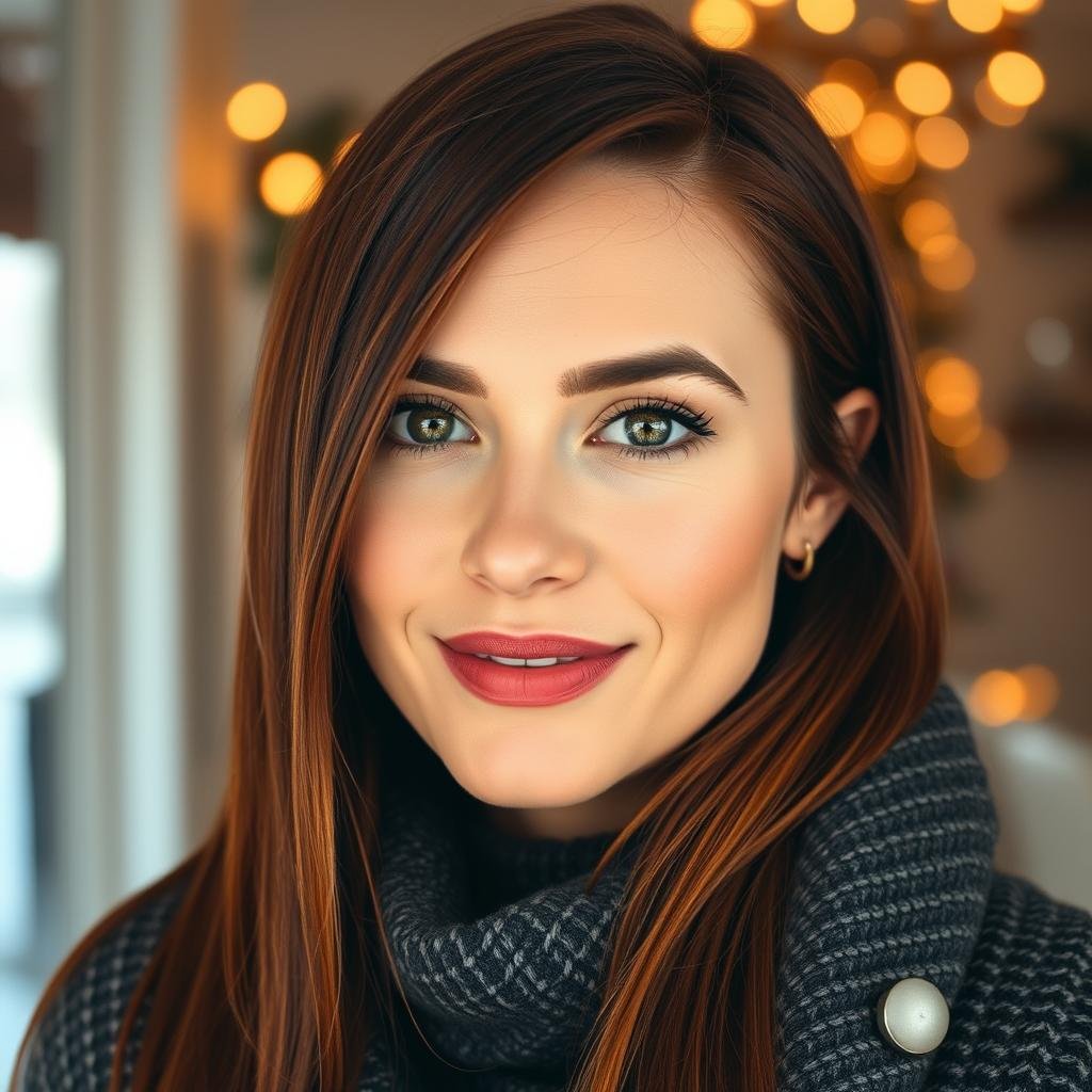 Woman with deep mahogany auburn hair in winter setting Woman with deep mahogany auburn hair in winter setting