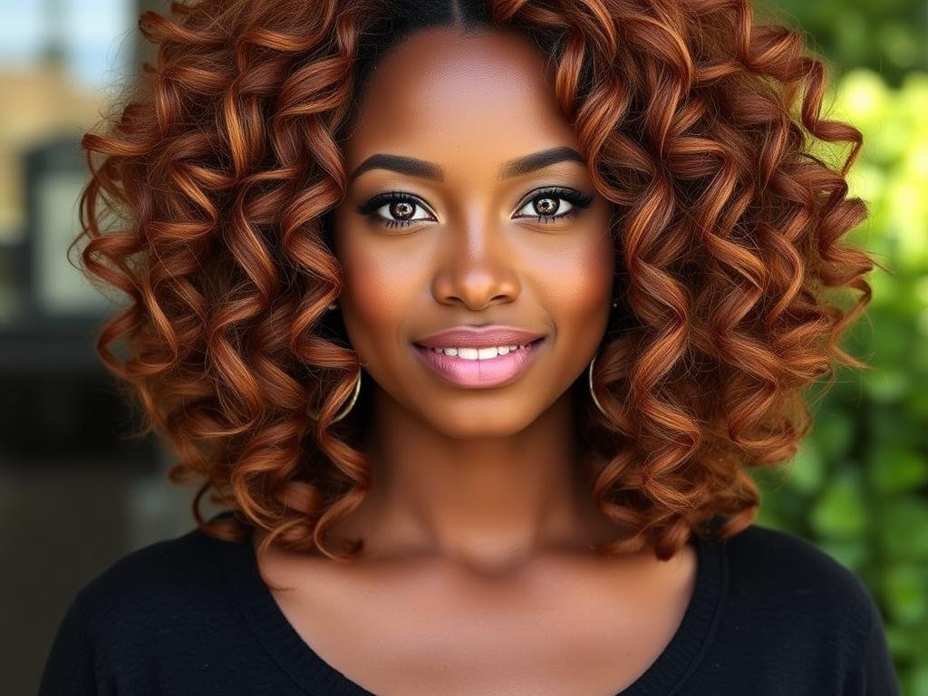 Woman with deep skin tone showcasing vibrant copper spring hair color
