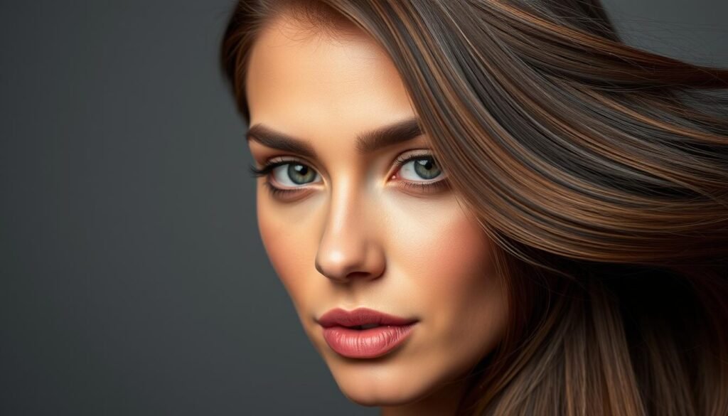 Woman with different brunette hair color swatches next to her face to determine the most flattering shade