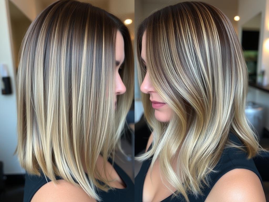 Woman with dimensional hair color on medium length thin fine hair