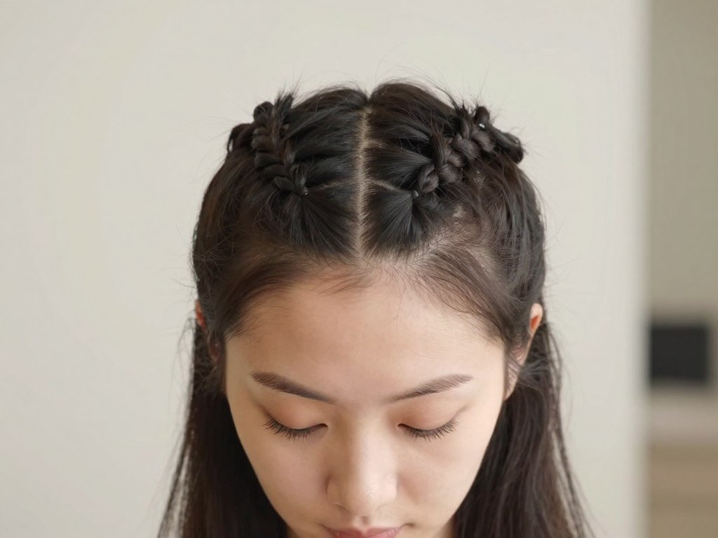 Woman with double Dutch crown braids in a half up style showing the crown effect from the front Woman with double Dutch crown braids in a half up style showing the crown effect from the front