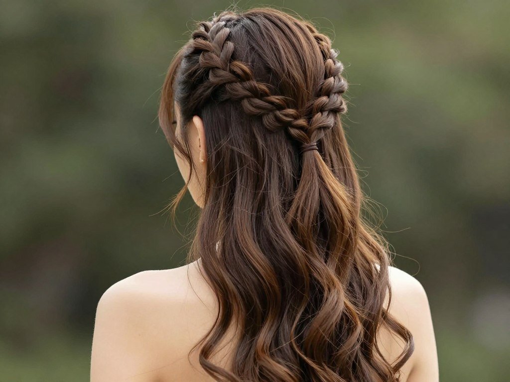 Woman with double French braid half up half down hairstyle showing two braids joining at the back Woman with double French braid half up half down hairstyle showing two braids joining at the back