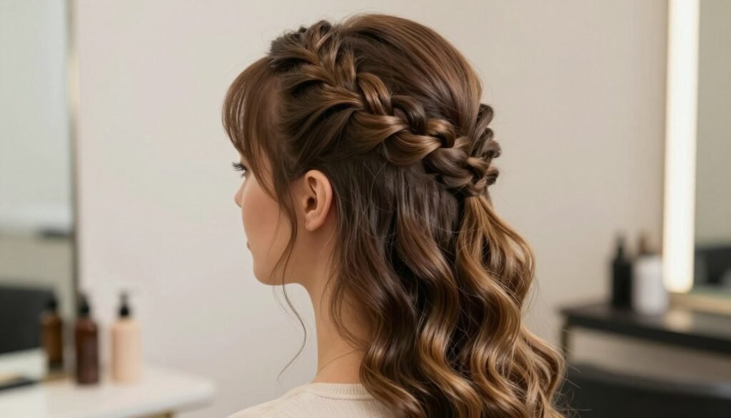 Woman with elegant half up half down braid hairstyle showing the perfect balance of braided crown and flowing waves