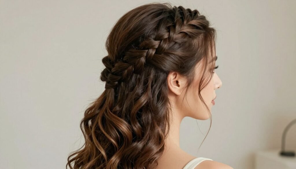 Woman with elegant half up half down braid hairstyle with loose waves
