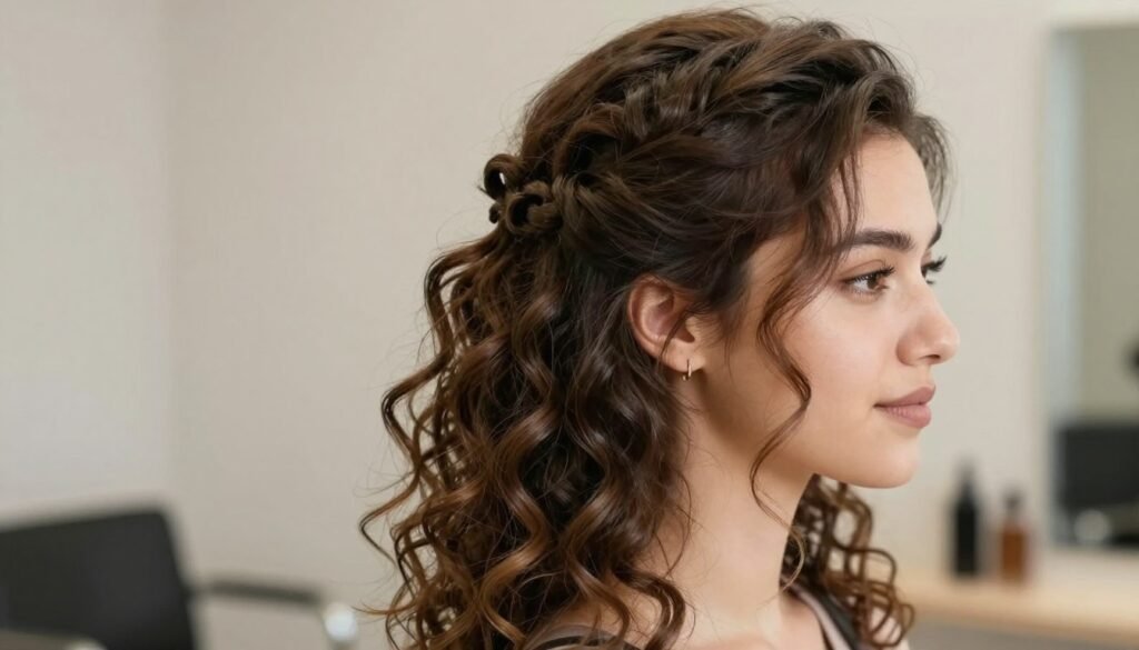 Woman with elegant half up half down hair style with loose curls and twisted crown section