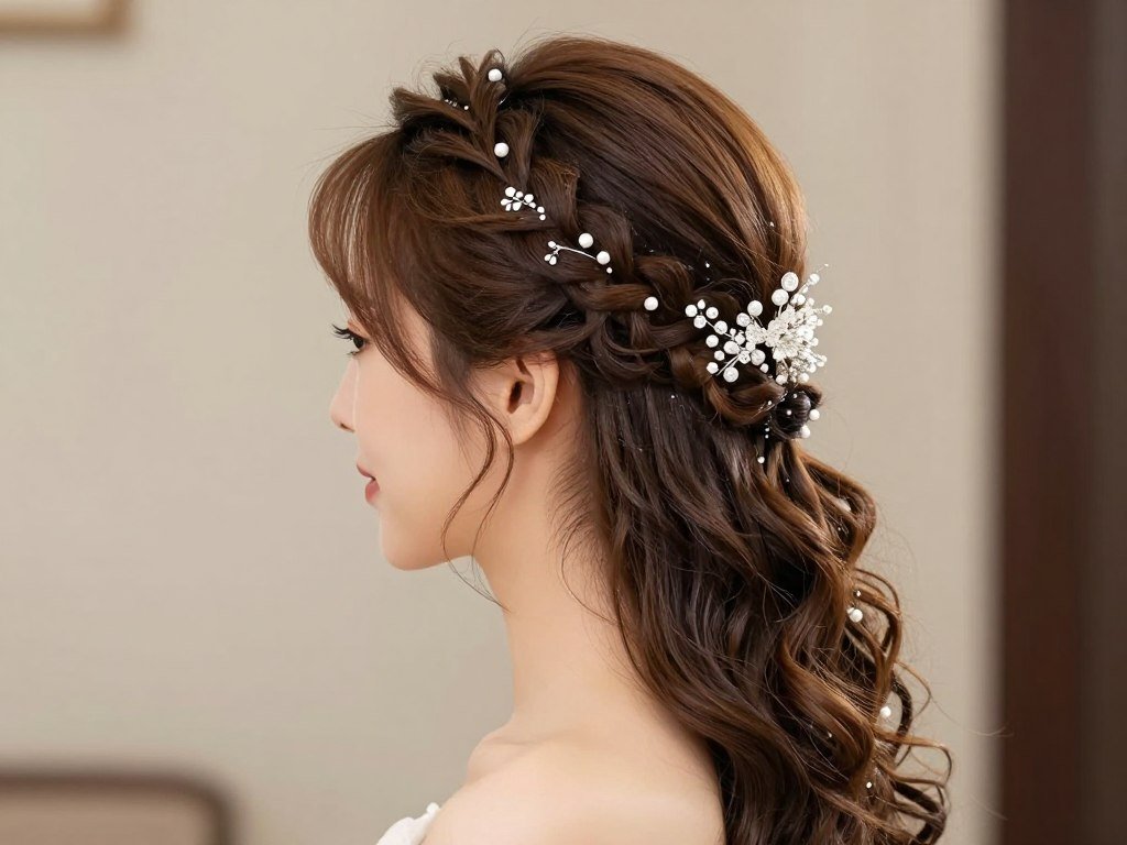 Woman with elegant half up half down wedding hairstyle with accessories