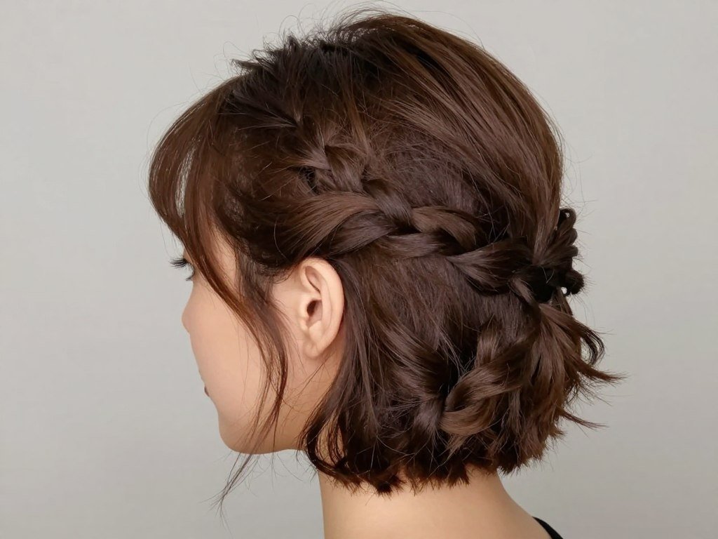 Woman with elegant twisted crown half up half down style on short hair Woman with elegant twisted crown half up half down style on short hair