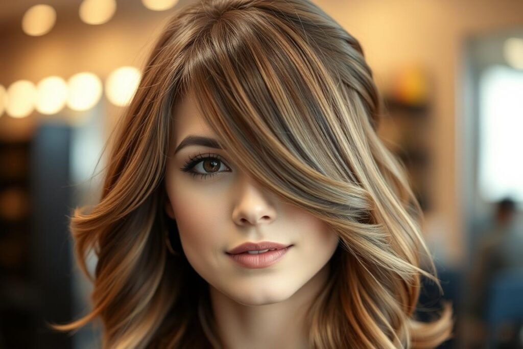 Woman with face-framing curtain bangs and a cute medium length haircut styled in soft waves