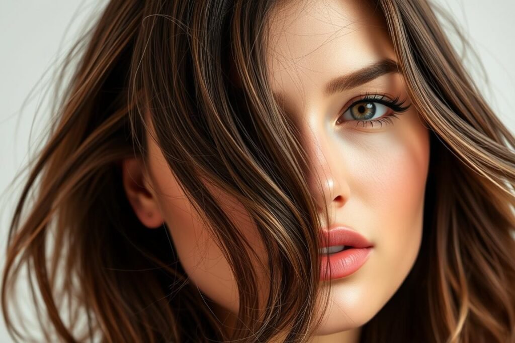 Woman with face-framing highlights showing brightened pieces around the face with brunette base for summer