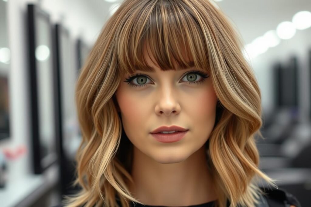 Woman with face-framing layers and curtain bangs medium length haircut Woman with face-framing layers and curtain bangs medium length haircut