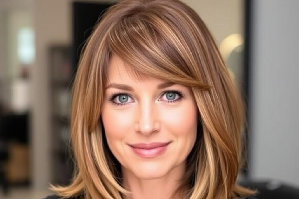 Woman with face-framing layers and side-parted curtain bangs Woman with face-framing layers and side-parted curtain bangs