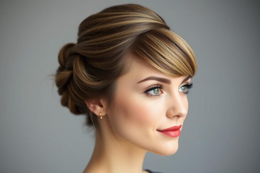 Woman with face-framing pieces in her medium-length updo