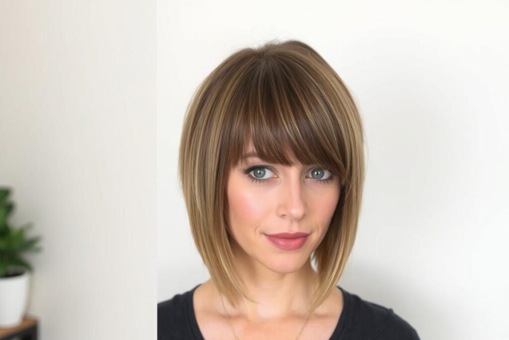 Woman with fine hair in a medium length cut with side bangs that add volume