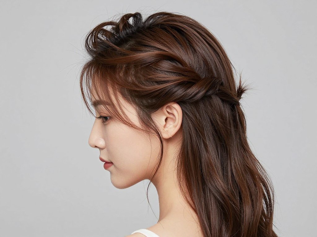 Woman with fine hair in half up style showing volume-building techniques