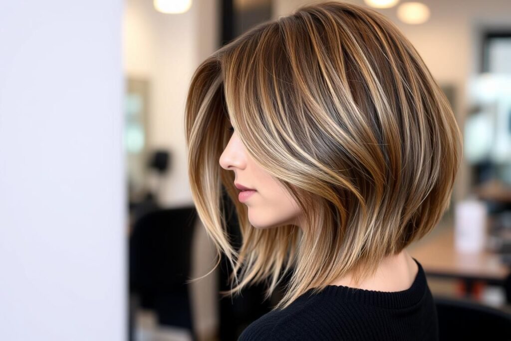 Woman with fine hair showing volume-enhancing medium length layered haircut