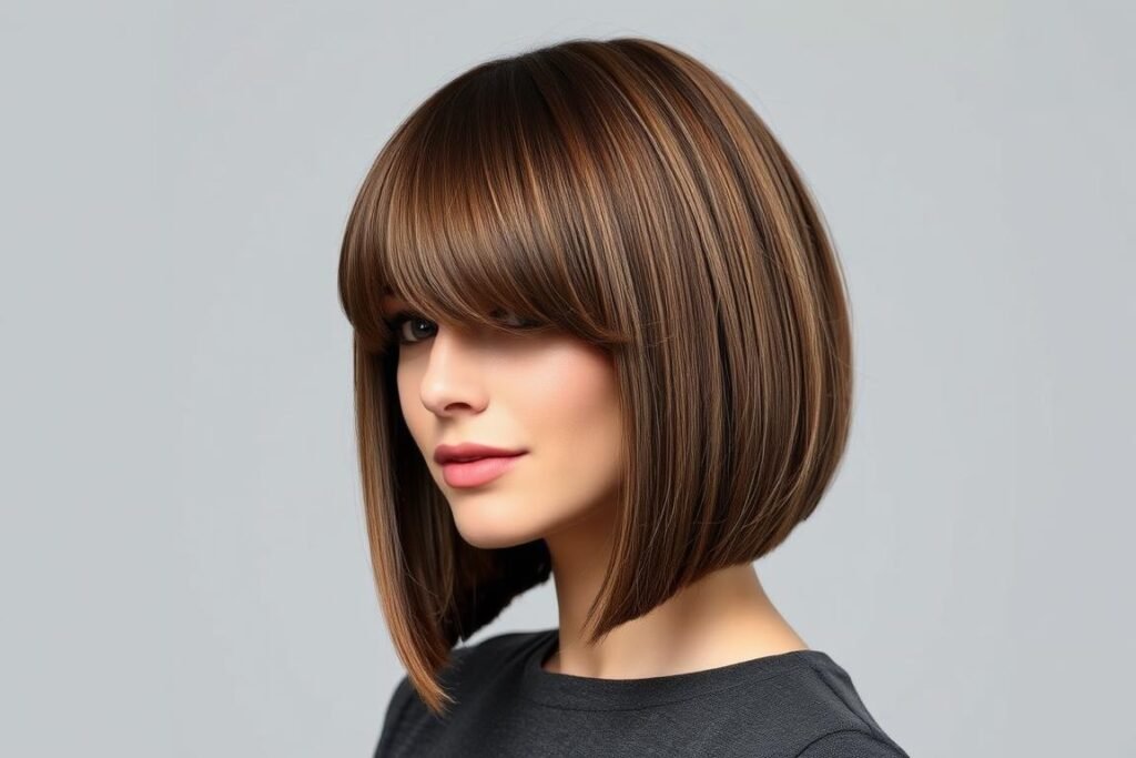 Woman with fine hair styled in a blunt medium length bob for added volume Woman with fine hair styled in a blunt medium length bob for added volume