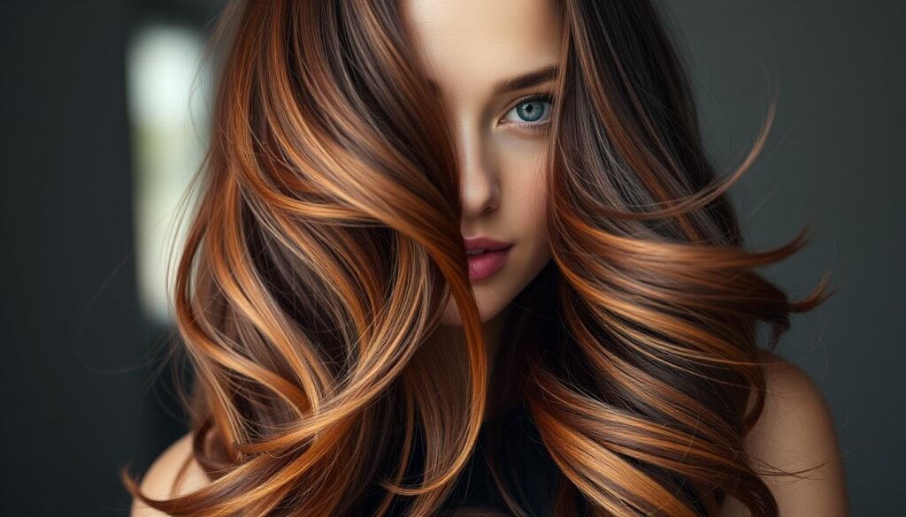 Woman with flowing dark cowboy copper hair showing rich dimensional color