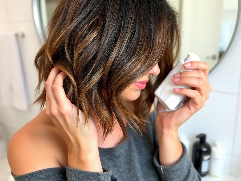 Woman with fresh mushroom brown balayage using color-safe products at home