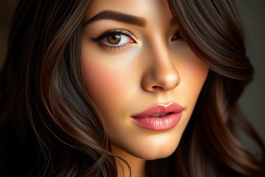 Woman with glossy chocolate brown hair in soft waves Woman with glossy chocolate brown hair in soft waves