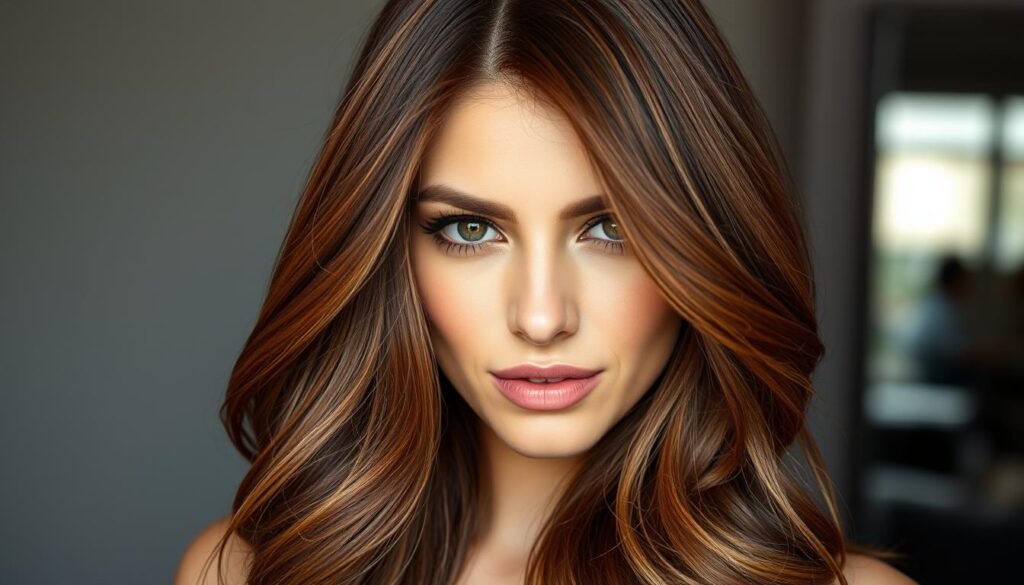 Woman with glossy dark copper brown hair showing the multidimensional color in natural light