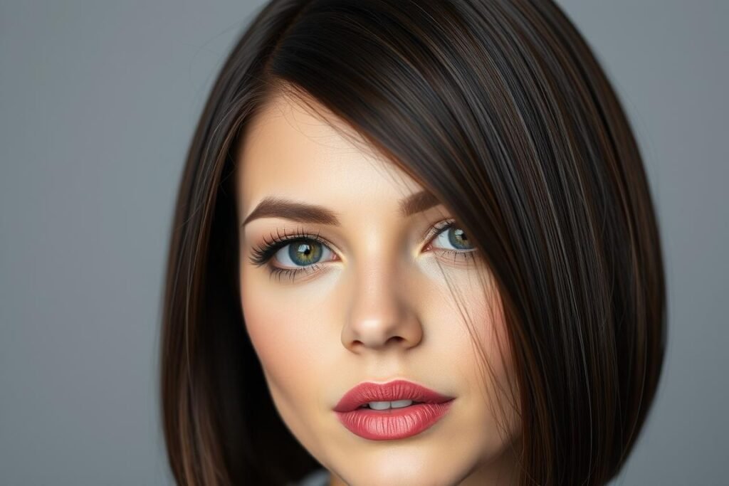 Woman with glossy espresso brown hair in a sleek style Woman with glossy espresso brown hair in a sleek style