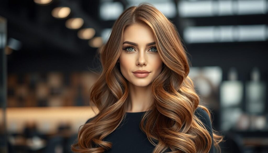 Woman with glossy teddy bear brown hair color showing multi-dimensional warm tones