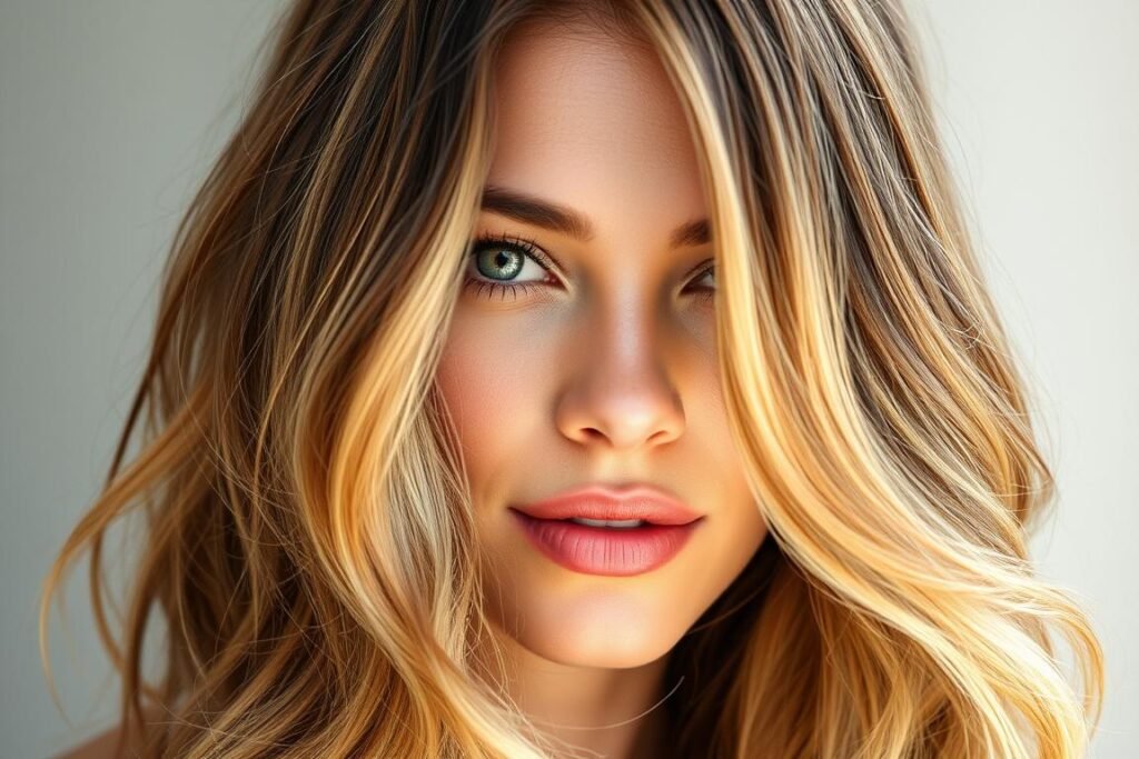 Woman with golden ombre hair showing gradient from dark roots to light ends for summer
