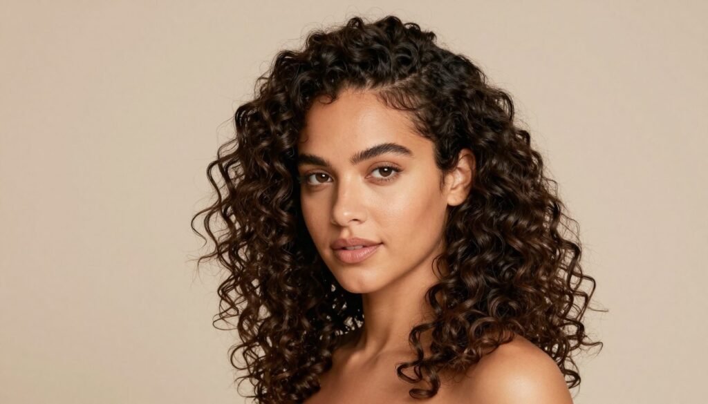 Woman with gorgeous curly half up half down hairstyle showing volume and definition
