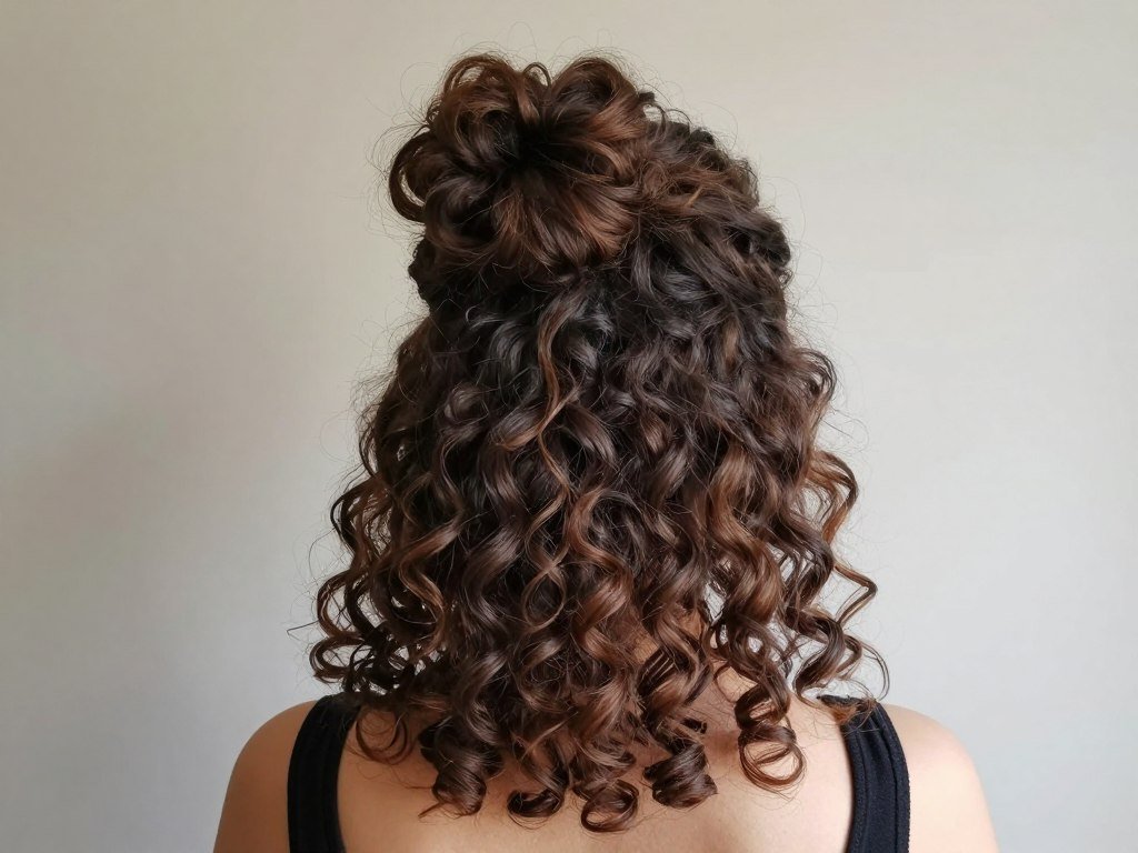 Woman with half up bun curly hairstyle showing volume and texture