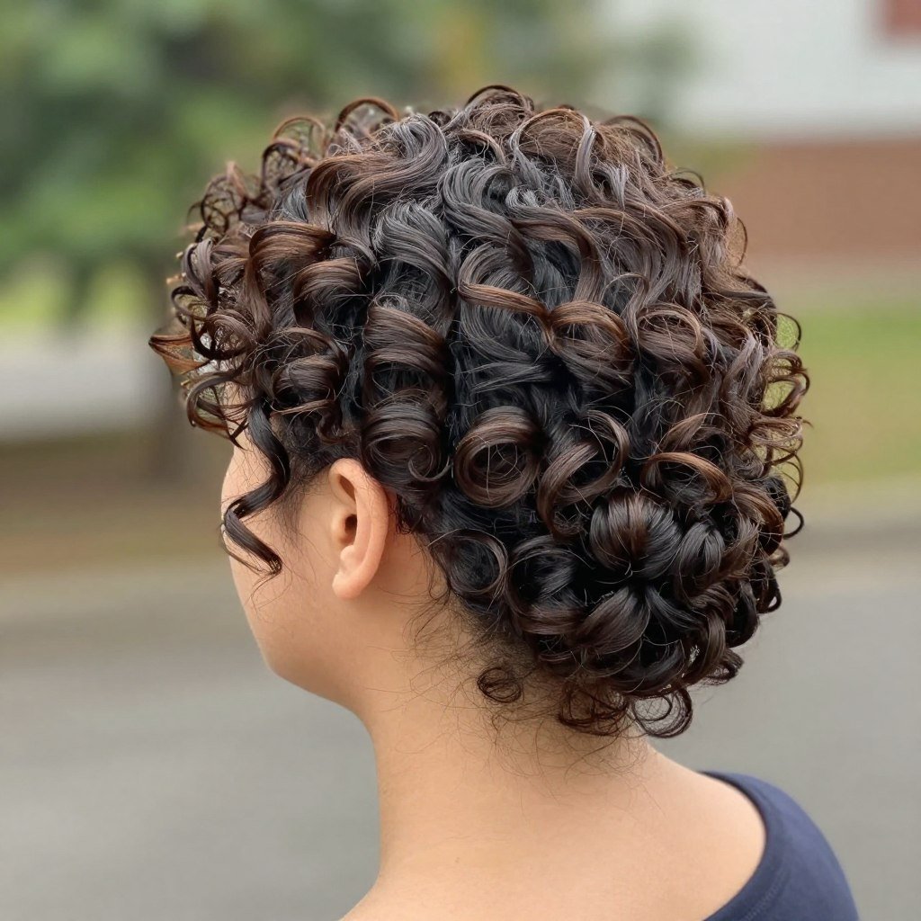 Woman with half up bun on short curly hair Woman with half up bun on short curly hair