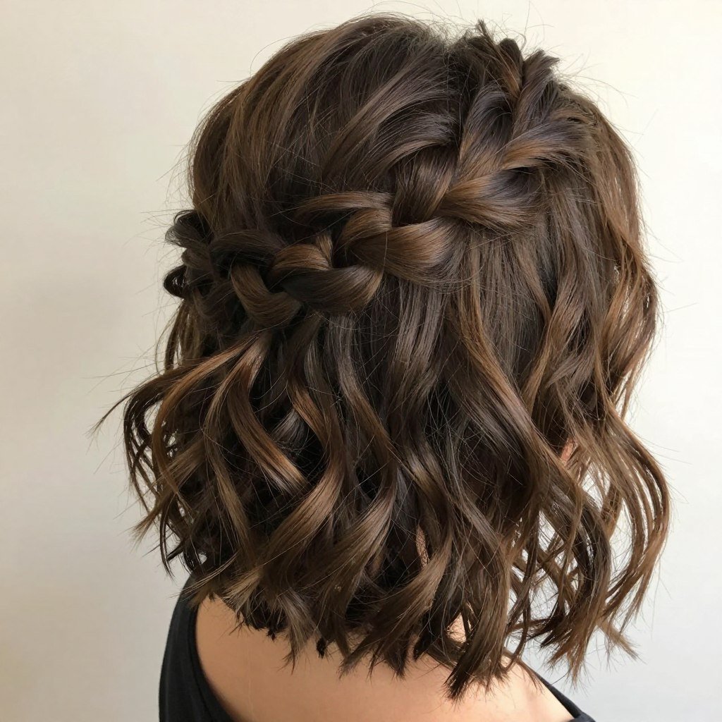 Woman with half up crown braid on short wavy hair Woman with half up crown braid on short wavy hair