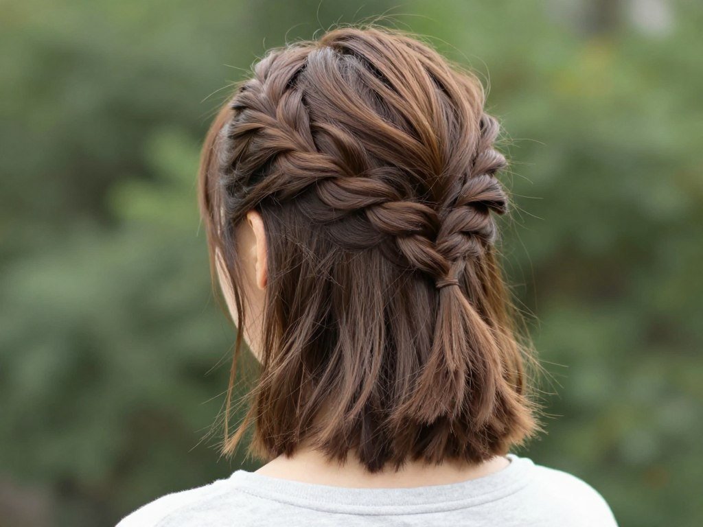 Woman with half up fishtail braid style on short hair Woman with half up fishtail braid style on short hair