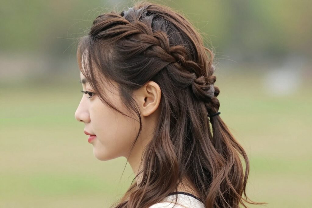 Woman with half up half down braid showing the face-framing benefits of the style