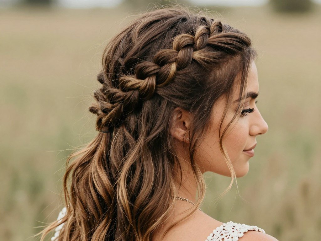 Woman with half up half down hairstyle featuring a crown braid