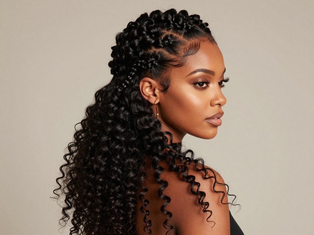 Woman with half up half down quick weave hairstyle showing volume and versatility