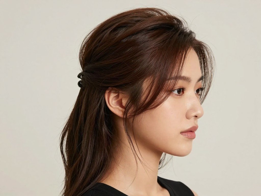 Woman with half-up half-down style with a deep side part and face-framing tendrils Woman with half-up half-down style with a deep side part and face-framing tendrils