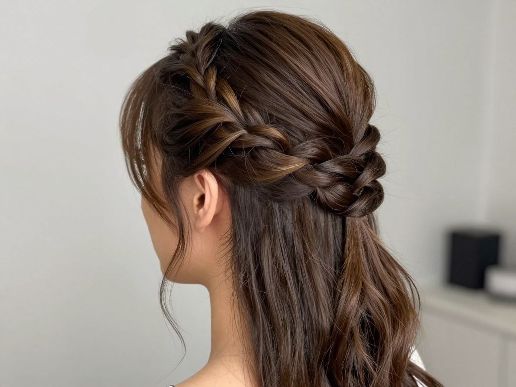 Woman with half up half down twisted crown hairstyle showing twisted sections pulled back from each side Woman with half up half down twisted crown hairstyle showing twisted sections pulled back from each side