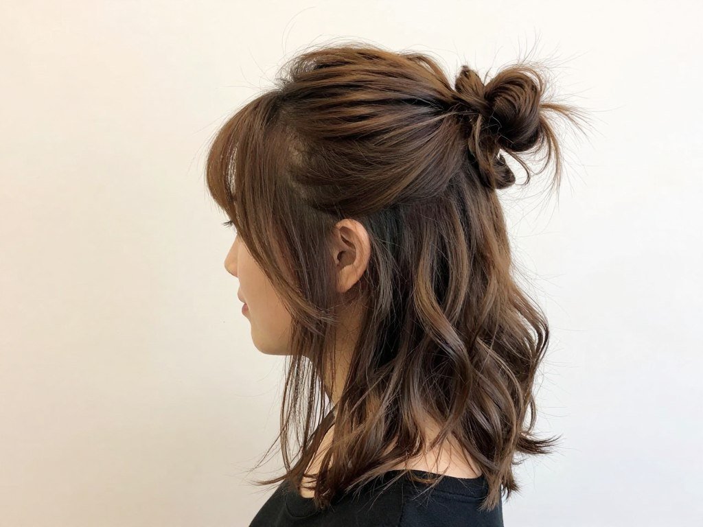 Woman with half up messy bun style on short hair Woman with half up messy bun style on short hair