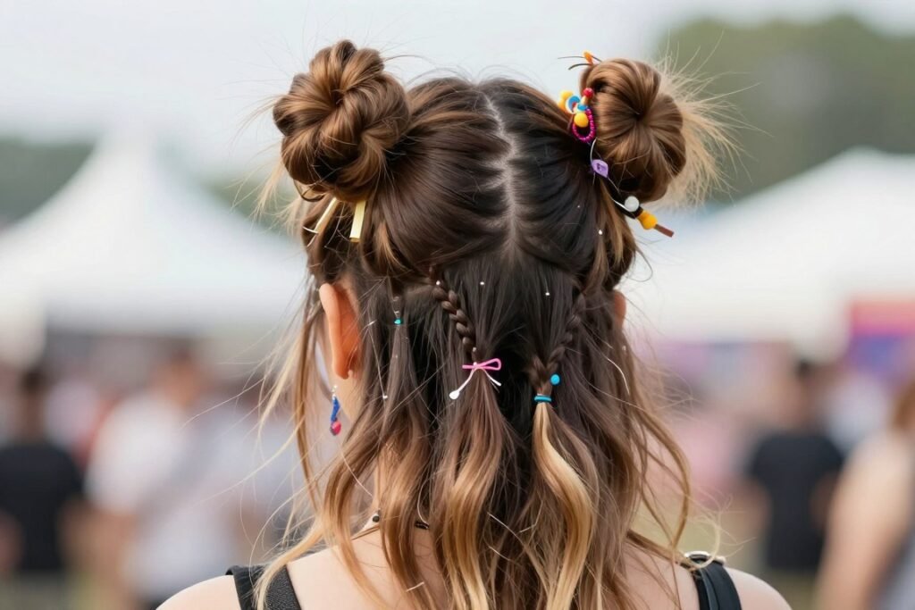 Woman with half up space buns hairstyle for festivals