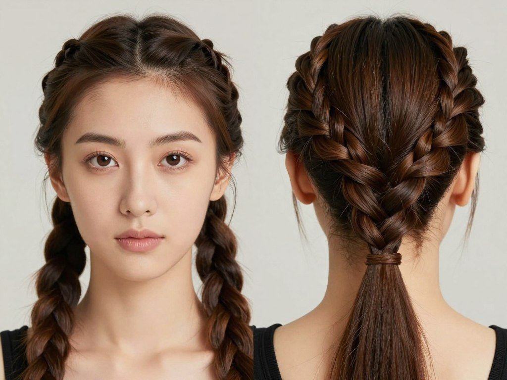 Woman with half up style featuring two side braids pulled back