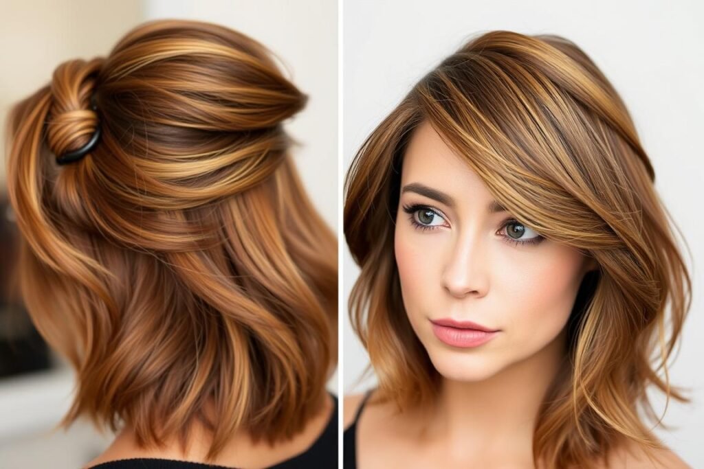 Woman with half-up style showing layers in medium length haircut Woman with half-up style showing layers in medium length haircut