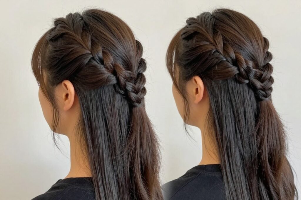 Woman with half up twisted sides hairstyle