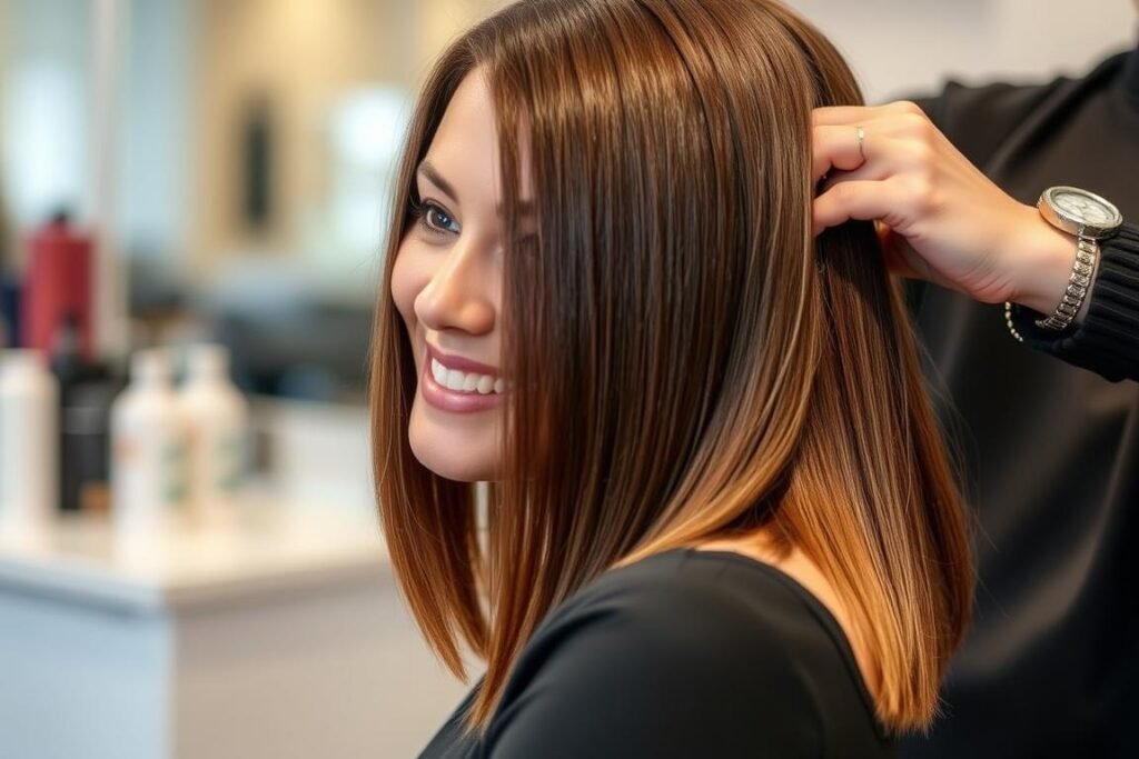 Woman with healthy medium length straight hair getting a trim