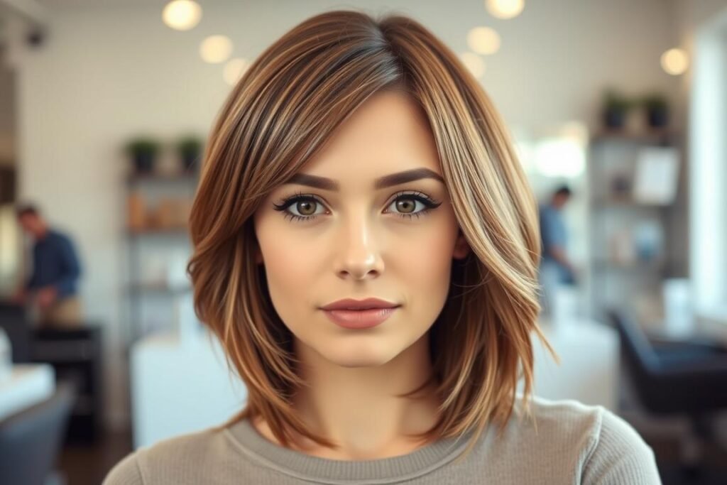 Woman with heart-shaped face wearing balanced medium length layered haircut