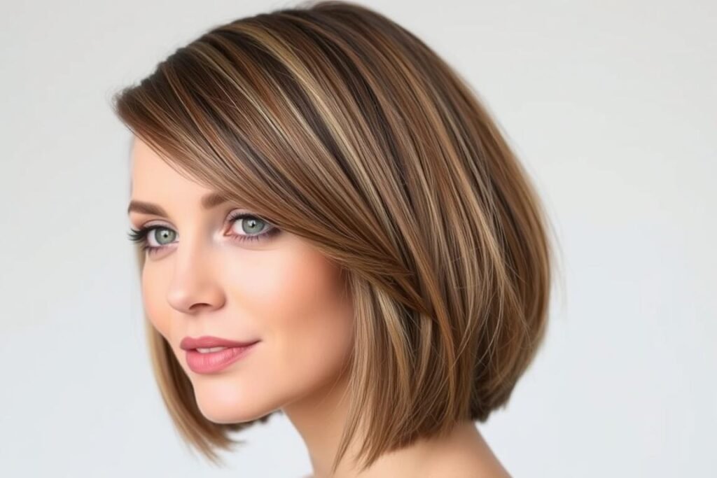 Woman with heart-shaped face with medium length bob and side-swept bangs
