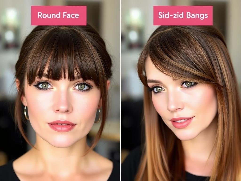 Woman with heavy straight-across bangs that widen a round face