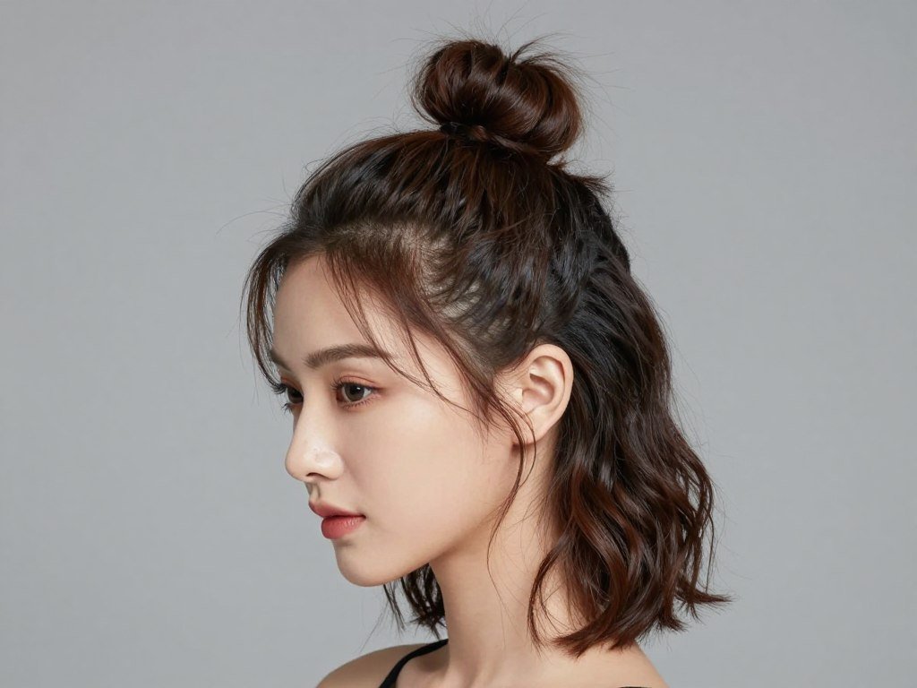 Woman with high top knot half up style showing height and volume