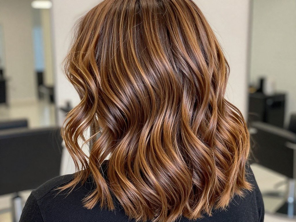 Woman with honey brown highlighted hair styled in beach waves