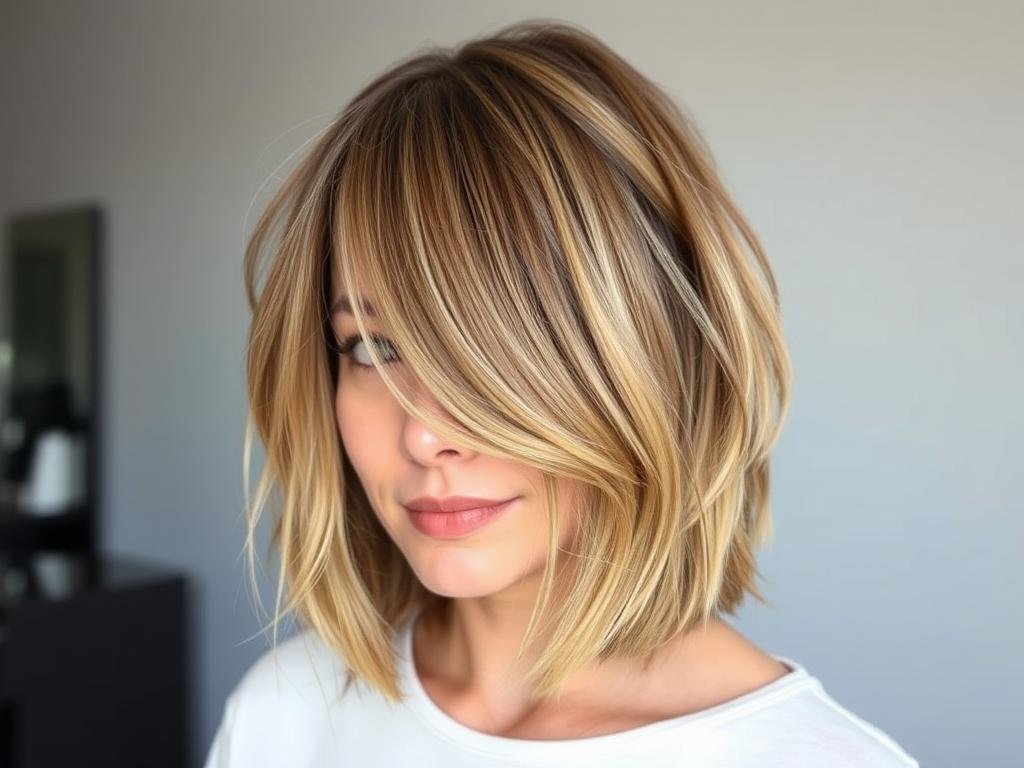 Woman with layered lob haircut for thin fine hair with face-framing layers